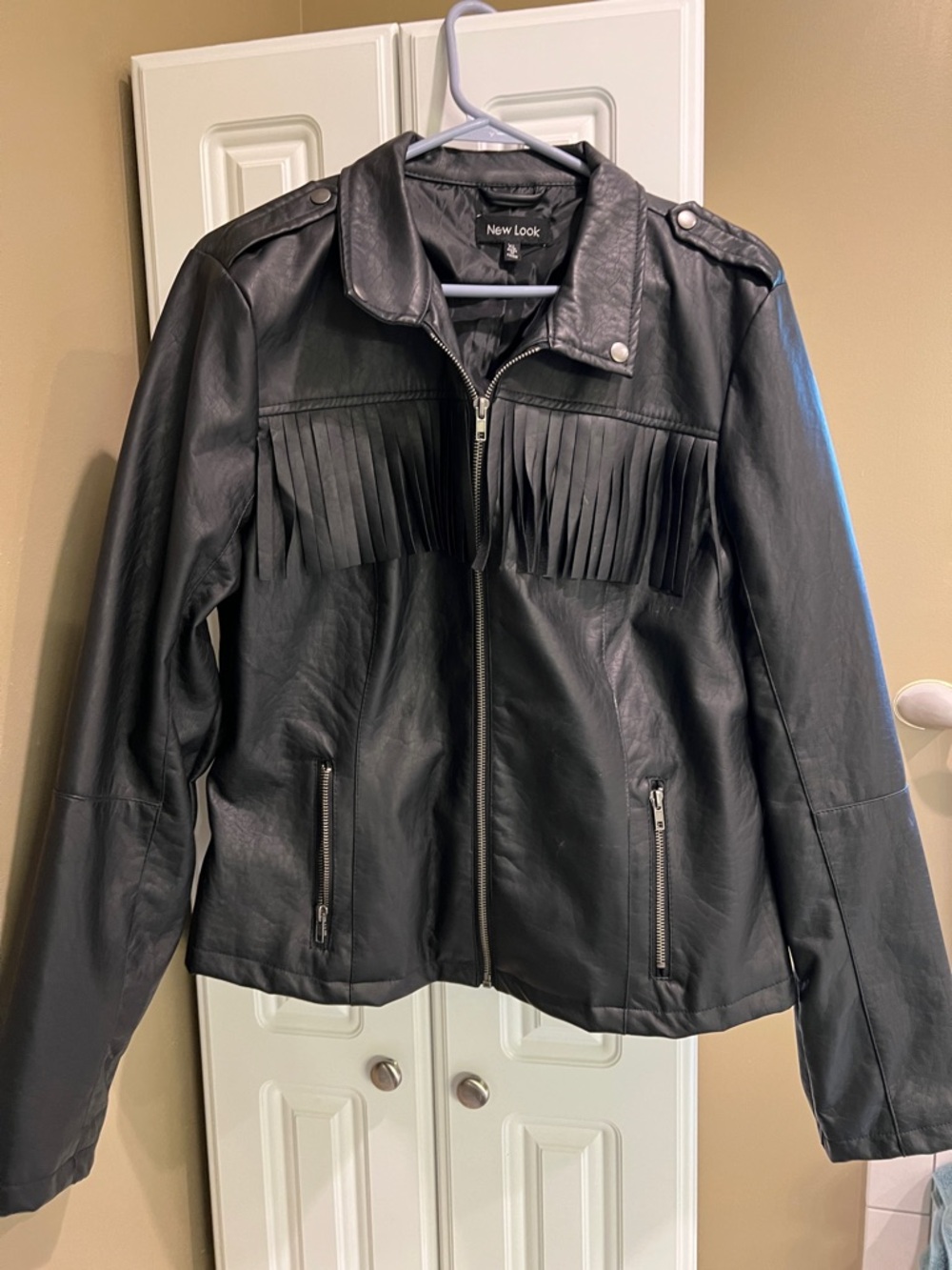 New Look Black Faux Leather Fringe Zip Jacket